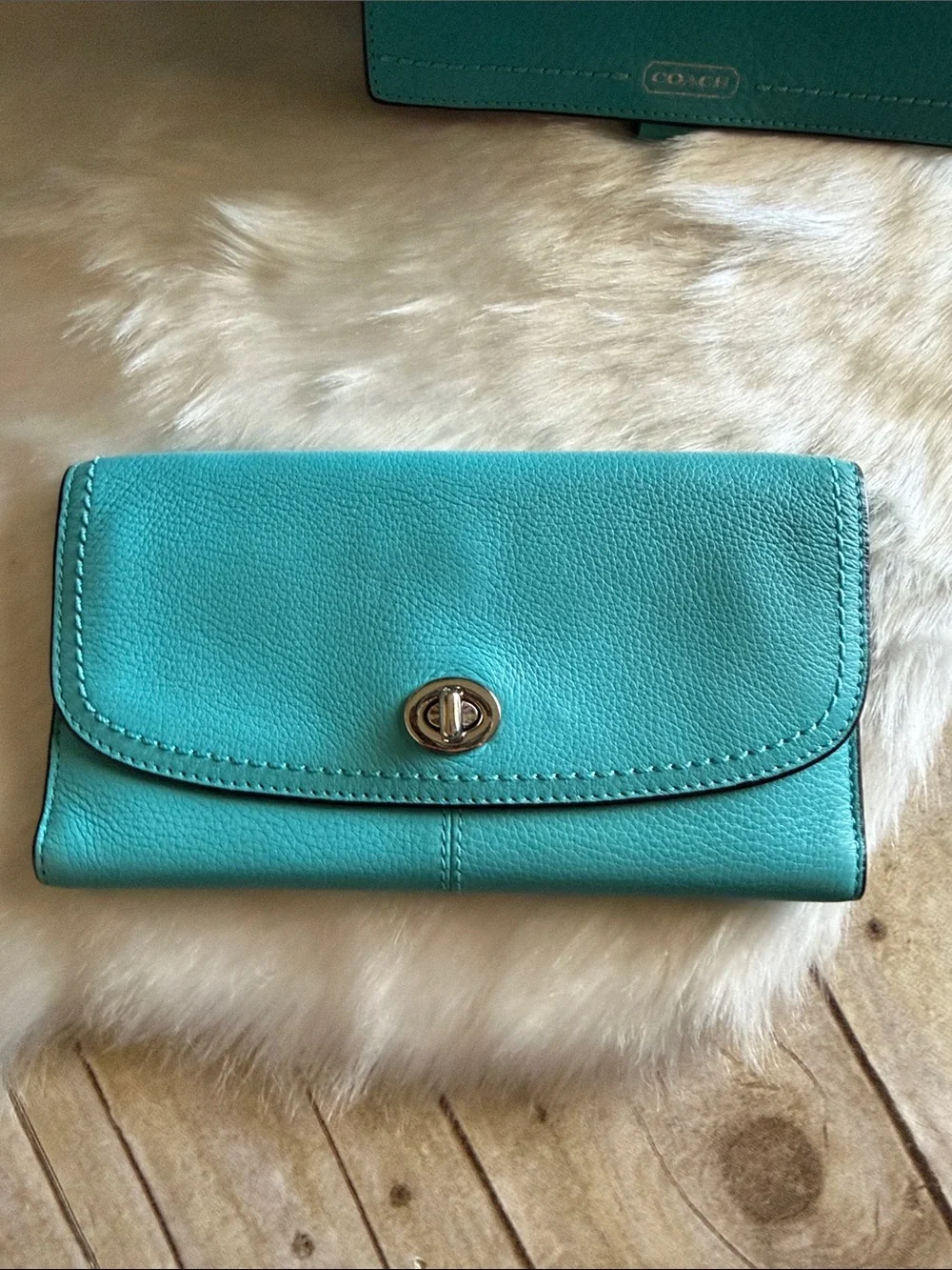 Coach Turquoise leather Hobo Bag with Tassel and Matching Coach Wallets Set